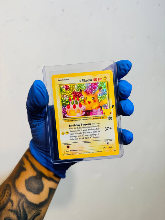 Birthday Pikachu 25th anniversary single card by BlueGloveTCG featuring Pikachu with birthday-themed artwork.