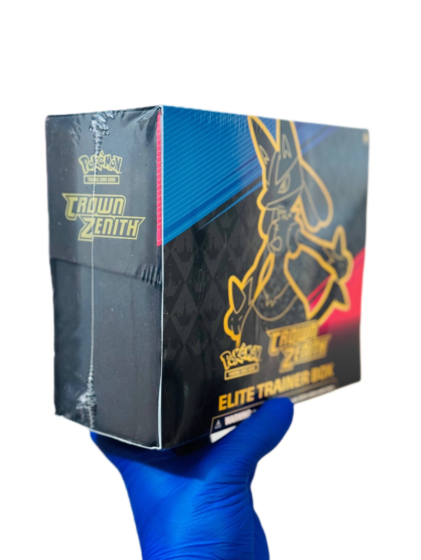 BlueGloveTCG Pokémon Crown Zenith Elite Trainer Box with booster packs, card sleeves, and accessories for collectors and players.