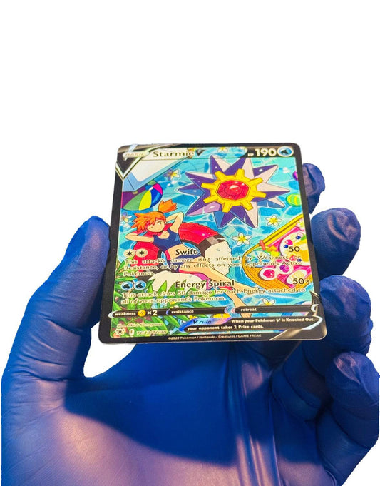 BlueGloveTCG Starmie V Pokémon card, featuring vibrant artwork of the star-shaped Water-type Pokémon on a single trading card.