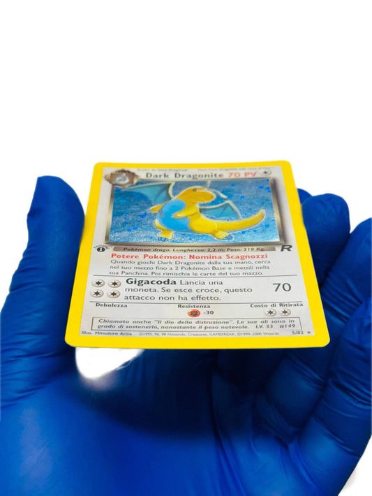 Italian Dark Dragonite 1st Edition Holo Pokémon card featuring detailed artwork and vibrant holographic finish by BlueGloveTCG.