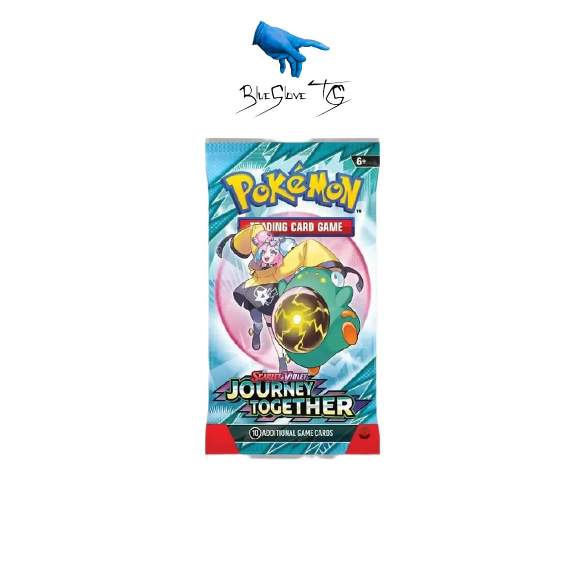BlueGloveTCG Pokémon Journey Together booster pack, single booster pack featuring Pokémon cards, colorful packaging on a white background.