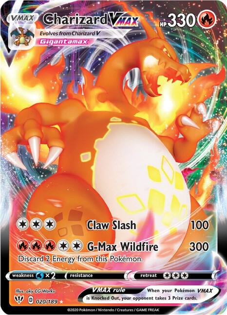Pokémon TCG Charizard VMAX card from Darkness Ablaze set, featuring vibrant artwork of Charizard VMAX with fiery details.