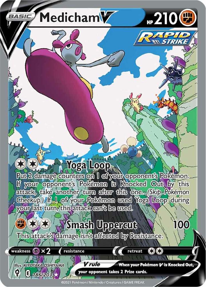 Medicham V Pokémon TCG card, full art version from Evolving Skies set, featuring Medicham in dynamic battle stance.