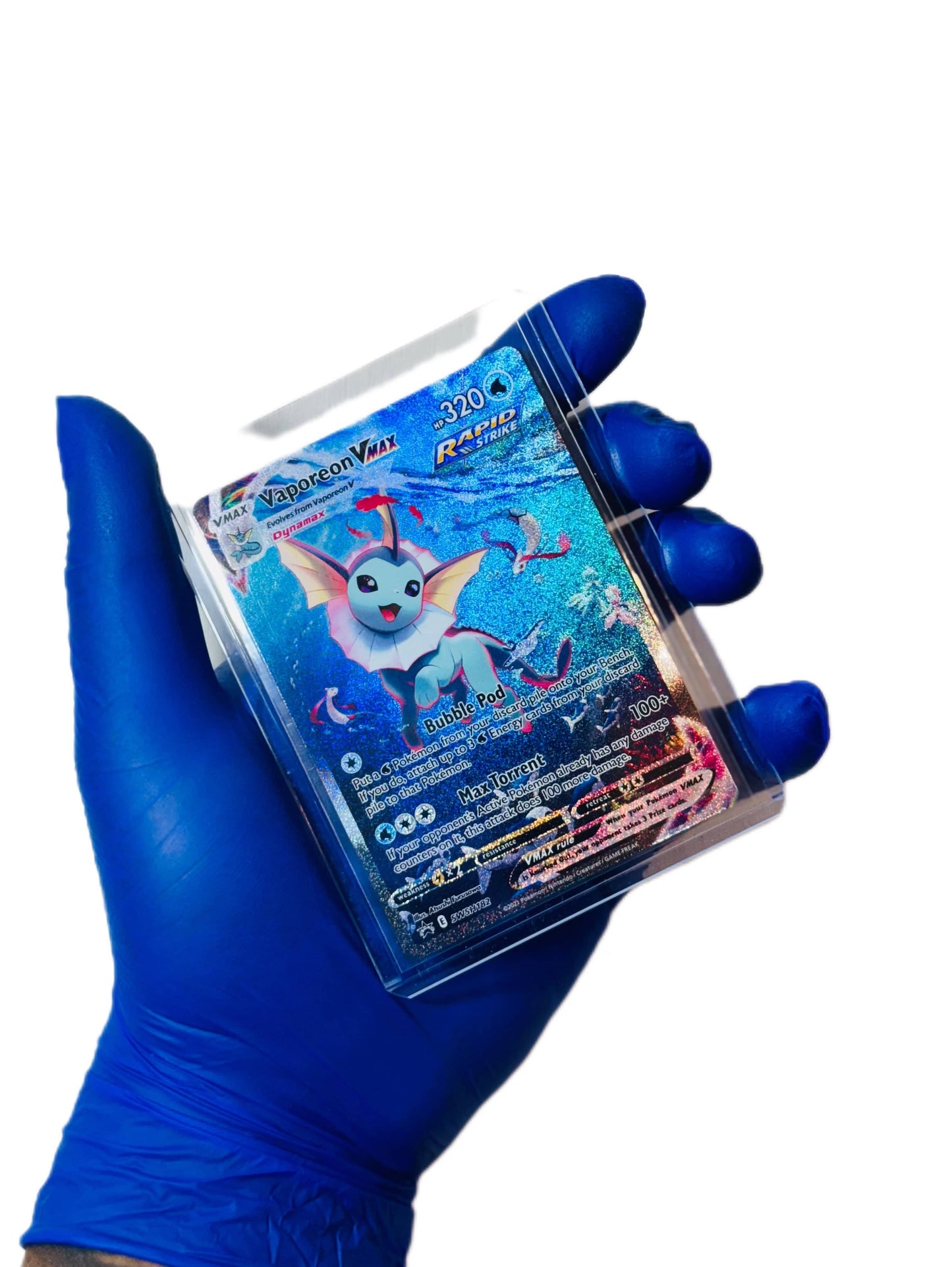 Vaporeon Vmax Pokémon card from BlueGloveTCG, featuring vibrant artwork and detailed card design.