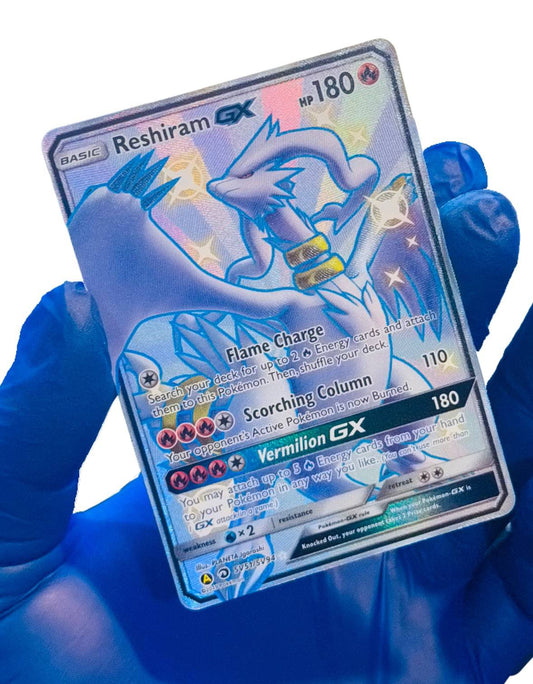 Shiny Reshiram GX Pokémon card from BlueGloveTCG, featuring vibrant artwork and holographic finish.
