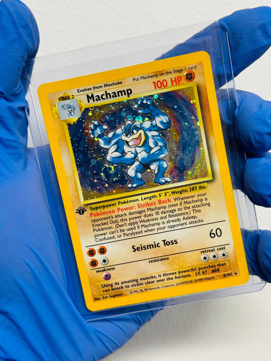 First Edition Machamp Pokémon card from BlueGloveTCG, featuring detailed artwork and vibrant colors on a single card.