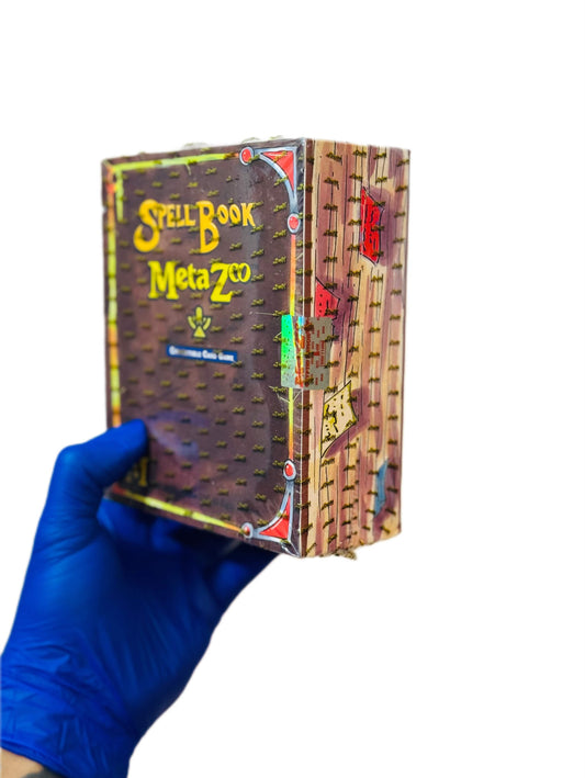 BlueGloveTCG MetaZoo SpellBook Sleeve Booster Box with colorful artwork and multiple booster packs.