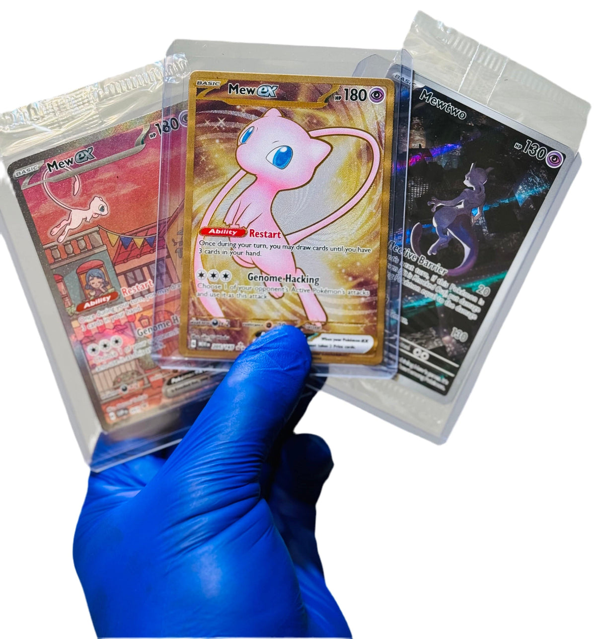 BlueGloveTCG 151 Mew single card from the UPC promo bundle, featuring vibrant artwork and detailed Pokémon design.