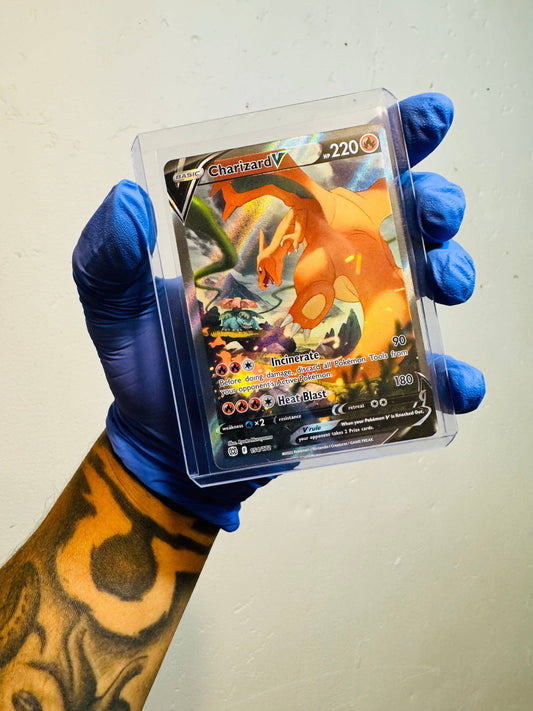 Charizard V Alternate Full Art Pokémon card from BlueGloveTCG, featuring vibrant artwork of the iconic fire dragon.