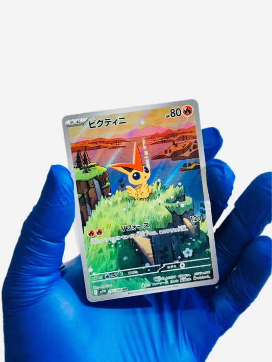 Victini Pokémon AR promo card from BlueGloveTCG, featuring vibrant artwork and detailed design on a single collectible card.