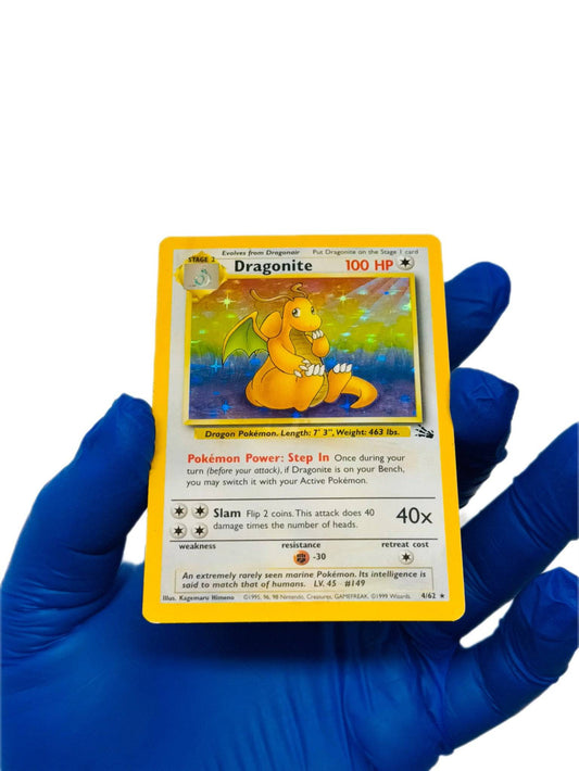 Holo Dragonite Pokémon card from BlueGloveTCG Fossil set, featuring detailed artwork of the Dragonite Pokémon in a collectible card image.