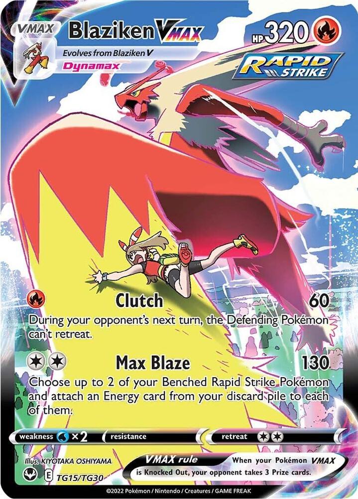 Pokémon TCG Blaziken VMAX Silver Tempest Trainer Gallery card featuring Blaziken VMAX character with vibrant artwork and holographic details.