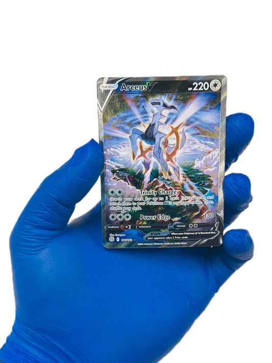 Arceus V Alt Art Pokémon card from BlueGloveTCG, featuring detailed artwork of the legendary Pokémon Arceus on a single card.