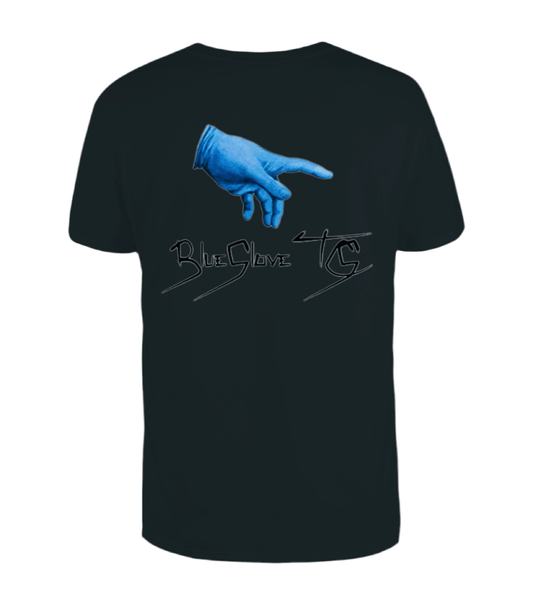 BlueGloveTCG Black stamped T-shirt with printed design, casual fit, and crew neckline, displayed on a plain background.