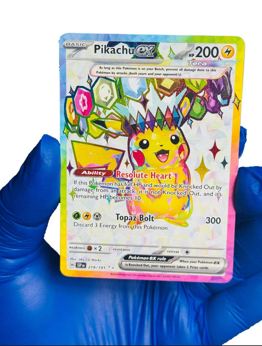 BlueGloveTCG Pikachu EX Full Art Pokémon trading card, vibrant yellow Pikachu illustration, detailed artwork on a single card.