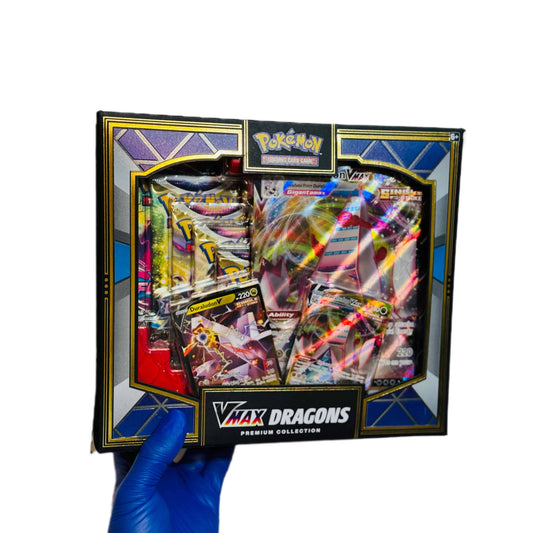 BlueGloveTCG Vmax Dragons Premium Collection Box with collectible cards and packaging, featuring vibrant dragon artwork.