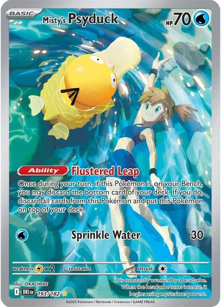 Pokemon TCG Misty's Psyduck card from the Destined Rivals set, featuring Psyduck in a dynamic Pokémon illustration.