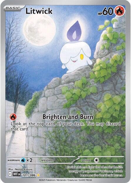 Litwick Pokémon TCG card featuring White Flare artwork, with the Pokémon Company branding and a white background.