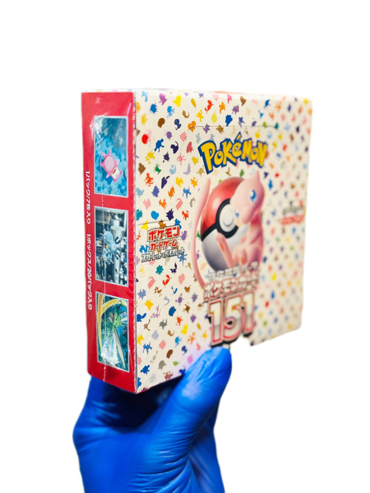 Sealed Pokemon 151 Japanese booster box by BlueGloveTCG, featuring colorful packaging with Pokémon artwork and branding.