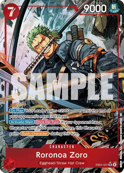 Roronoa Zoro alternate art card from One Piece TCG Adventure on Kami's Island by BlueGloveTCG, featuring detailed character artwork.