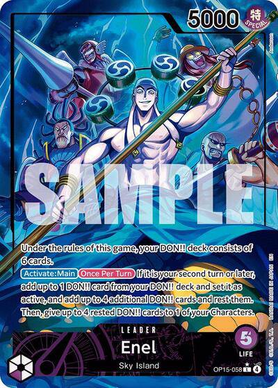 Bandai One Piece TCG Enel (OP15-058) Alternate Art card featuring Enel on Kami's Island from Adventure set.