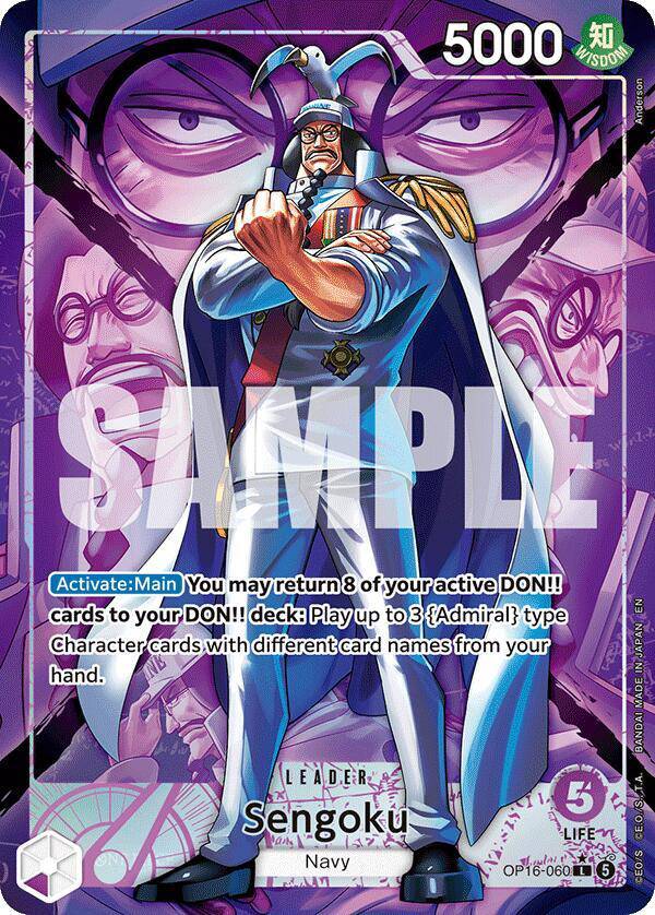 One Piece Card Game Sengoku (060) Alternate Art card featuring Sengoku with intricate artwork, brand Bandai, on a white background.
