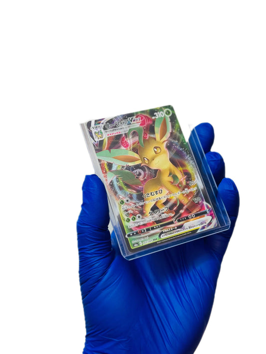 Leafeon Vmax Pokémon trading card from BlueGloveTCG featuring detailed artwork of the grass-type Eevee evolution.