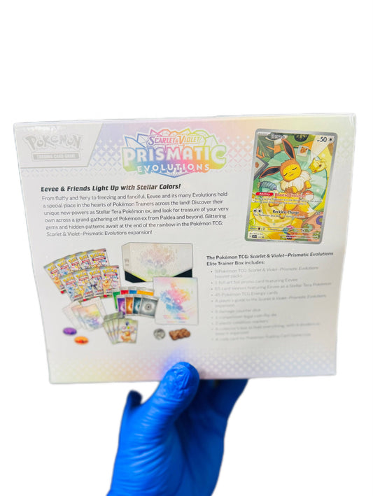 BlueGloveTCG Prismatic Evolution ETB Elite Trainer Box with Pokémon card sleeves, boosters, and accessories for trading card games