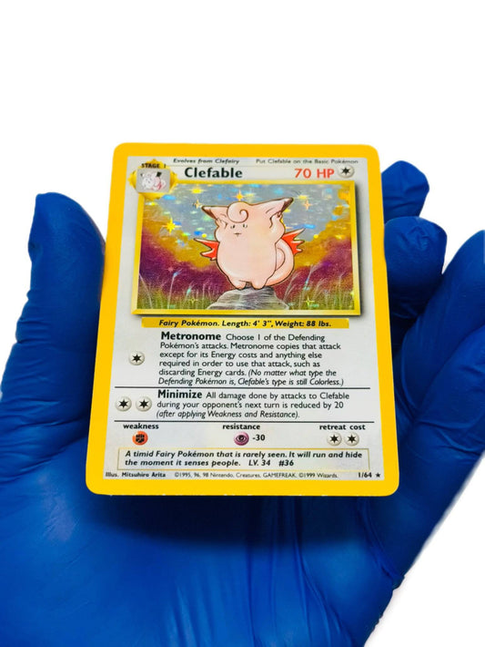 Holo Clefable Pokémon card from BlueGloveTCG, featuring artwork of Clefable with holographic shine, no jungle symbol error.