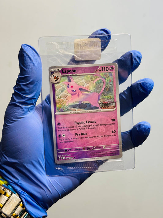 BlueGloveTCG Espeon sealed promo single card featuring vibrant artwork and collectible Pokémon design.