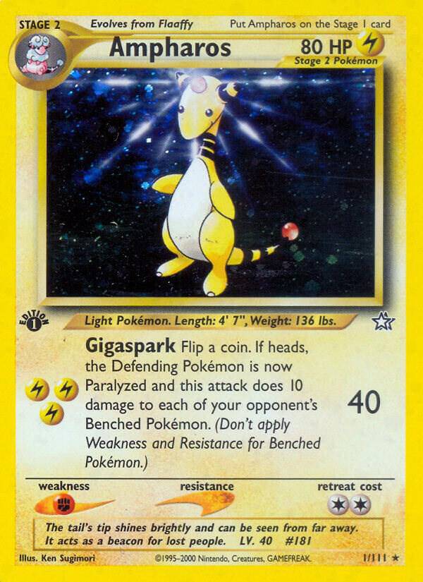 Ampharos Pokémon TCG card from Neo Genesis set, number 001/111, featuring the electric-type Pokémon in vibrant artwork.