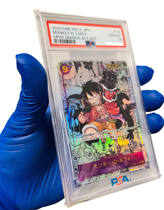 BlueGloveTCG Monkey D. Luffy OP-09 manga single graded PSA 10 trading card with vibrant character artwork.