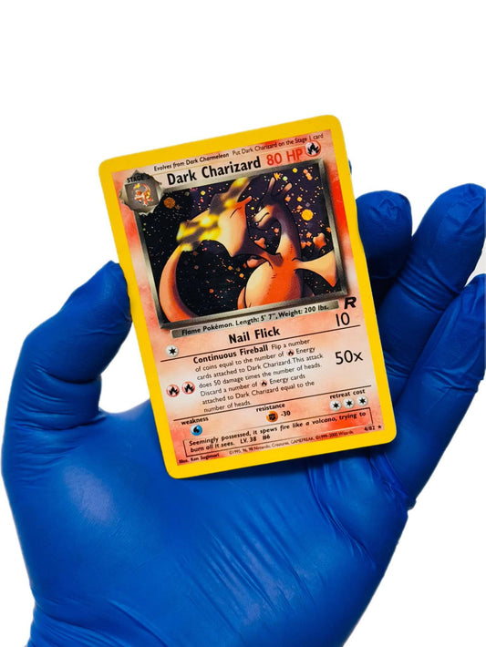 Holo Dark Charizard Pokémon card from BlueGloveTCG, featuring a detailed illustration of the iconic fire-type Pokémon.