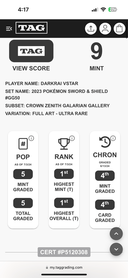 Darkrai Vstar Ultra Rare TAG 9 Pokémon card by BlueGloveTCG, featuring Darkrai in a dynamic pose with vibrant artwork.