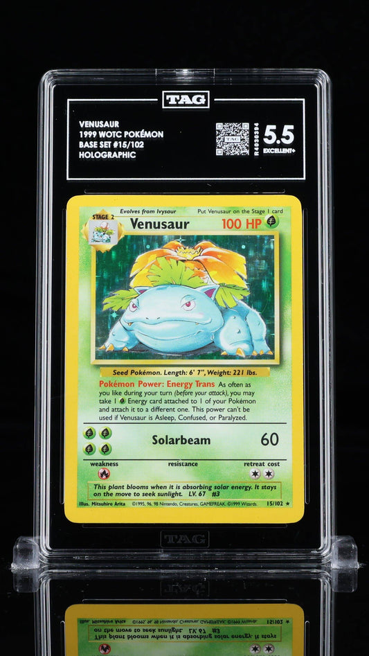 Graded Venusaur Holo Base Set #15 Pokémon card from BlueGloveTCG, featuring vibrant artwork and holographic finish.