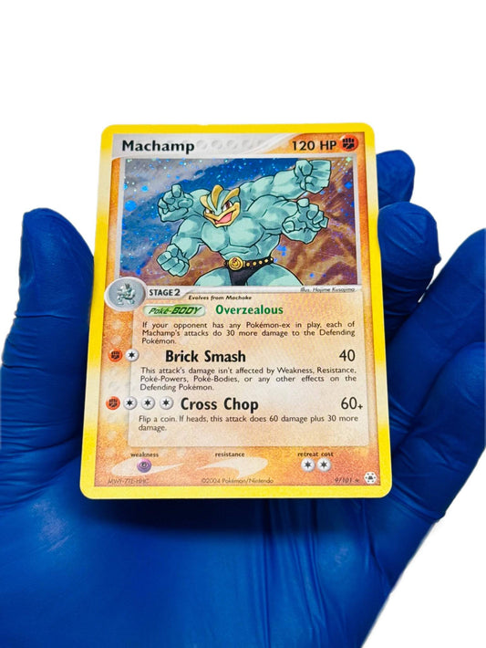 Holo Machamp Pokémon card from Ex Hidden Legends set, featuring detailed artwork and vibrant design, by BlueGloveTCG.