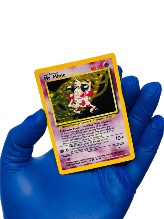 BlueGloveTCG Mr. Mime Holo Pokémon card, no Jungle symbol error, featuring vibrant holographic artwork.