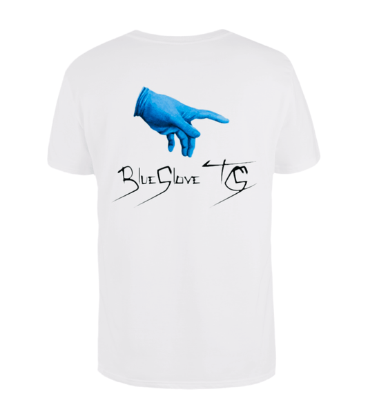 BlueGloveTCG white stamped T-shirt featuring a graphic design, casual fit, and soft fabric for comfortable wear.