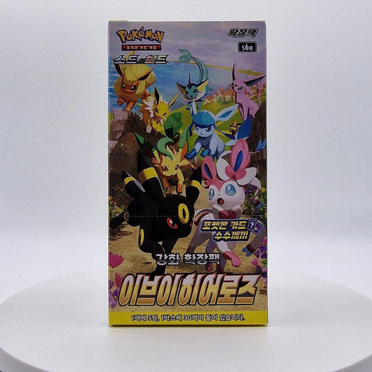 BlueGloveTCG Pokemon Eevee Heroes Booster Box with Korean sleeves, featuring colorful Eevee and Pokémon artwork on the packaging.