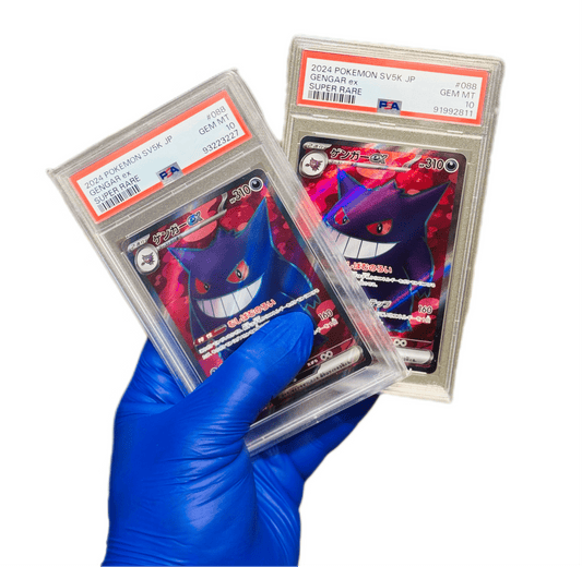 Gengar Ex PSA10 single trading card by BlueGloveTCG featuring a detailed illustration of Gengar Pokémon in a dynamic pose.