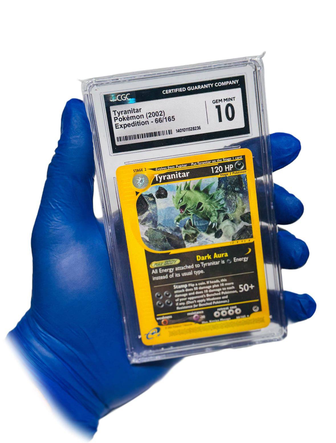 BlueGloveTCG Tyranitar 66/165 Expedition Pokémon card, graded CGC 10, featuring detailed artwork and vibrant colors.