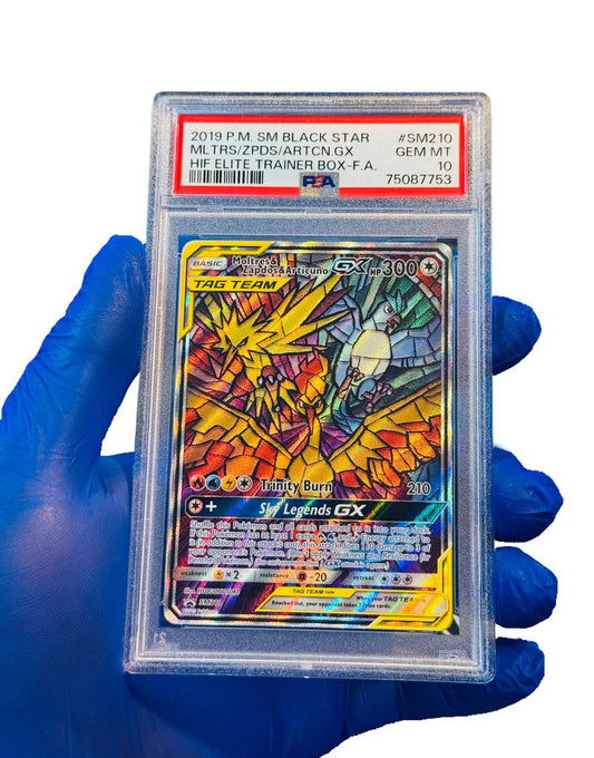 BlueGloveTCG Moltres & Zapdos & Articuno GX Tag Team PSA 10 graded trading card with vibrant Pokémon artwork.