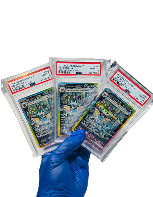 Vaporeon PSA 10 graded Pokémon card by BlueGloveTCG, front view showing vibrant illustration and official PSA certification label
