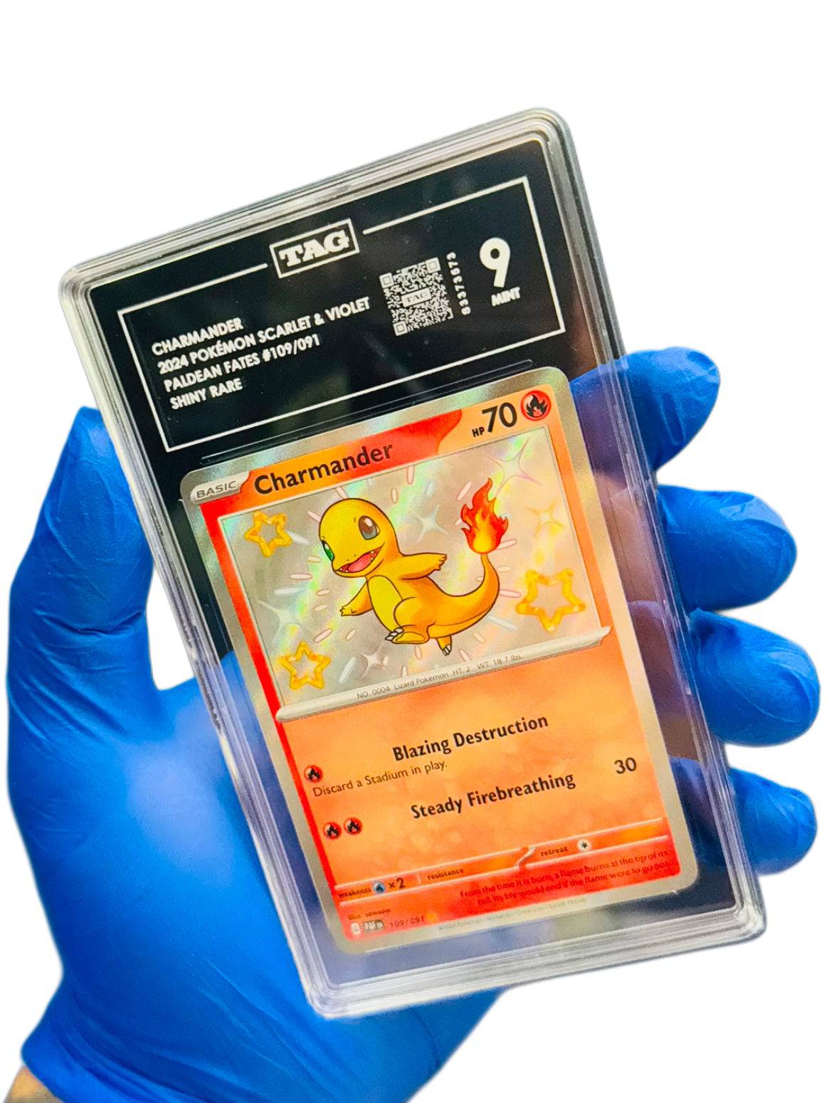 Shiny Charmander Pokémon card, single graded card by BlueGloveTCG, featuring vibrant artwork and detailed grading label.