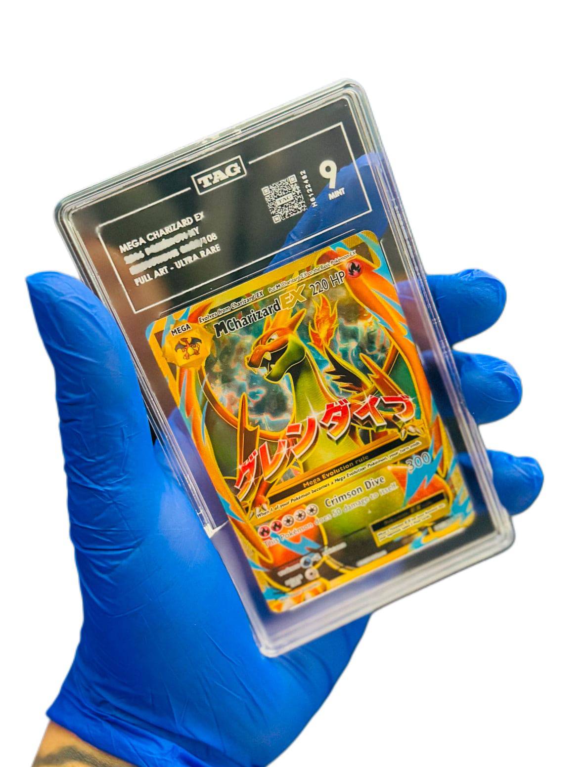 Full-size image of Mega Charizard EX TAG 9 single graded Pokémon card by BlueGloveTCG, showing detailed artwork and card features.
