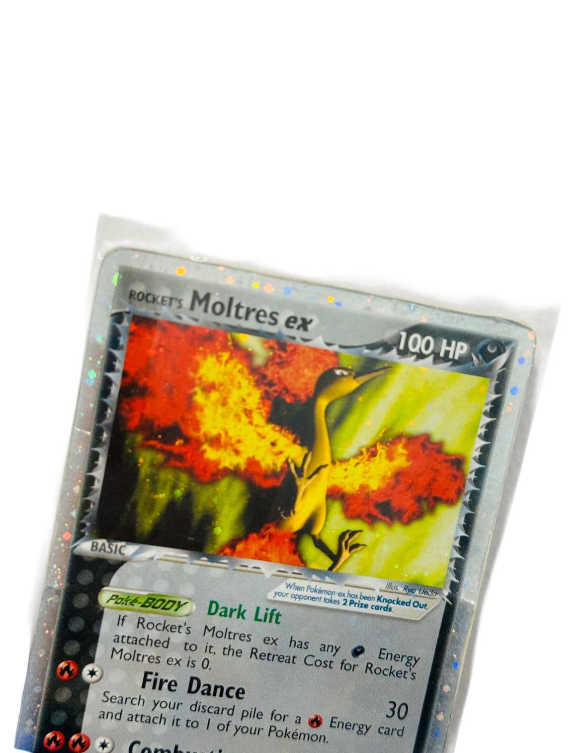 Full image of Rockets Moltres ex Pokémon card from BlueGloveTCG, showing vibrant artwork and card details.