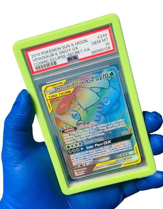 Venusaur & Snivy GX Tag Team secret PSA 10 graded Pokémon trading card by BlueGloveTCG, featuring vibrant artwork.