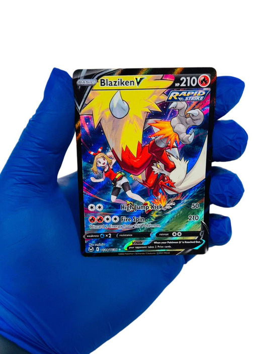 Blaziken V Pokémon trading card from BlueGloveTCG, featuring artwork of the fiery Blaziken V in a full-size card design