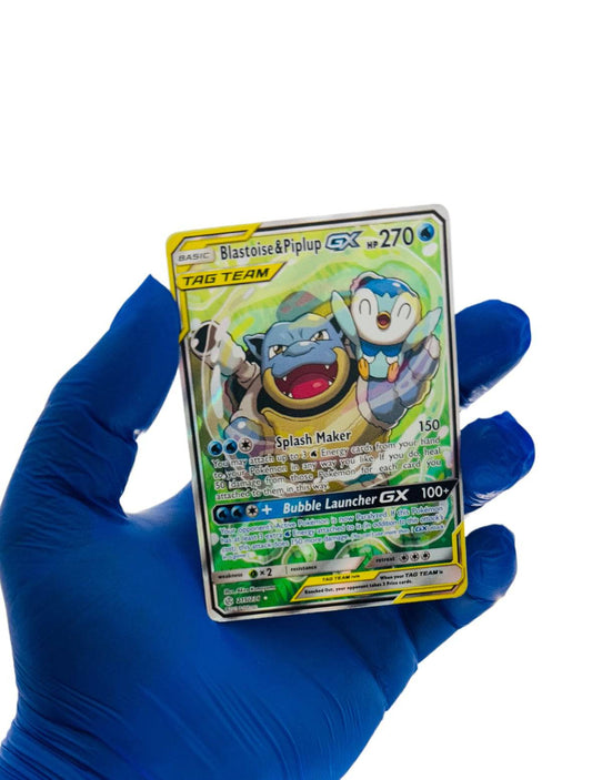 Full image of BlueGloveTCG Blastoise & Piplup GX Tag Team single trading card featuring detailed artwork of the Pokémon duo.