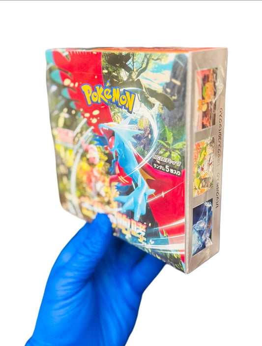 Sealed BlueGloveTCG Pokémon Ancient Roar booster box with colorful packaging and artwork featuring Pokémon characters.